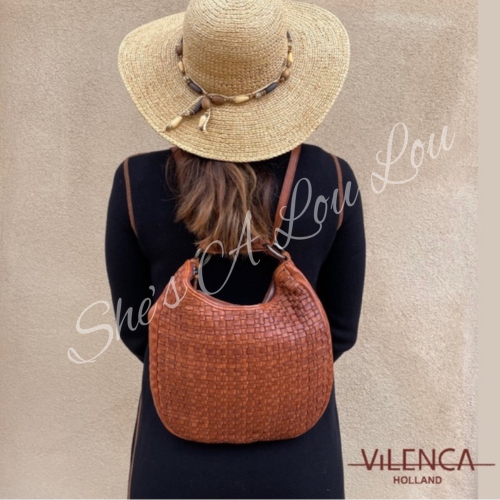 Vilenca Holland 🇳🇱 Woven Leather Convertible Hobo/ Backpack Bag in Cognac